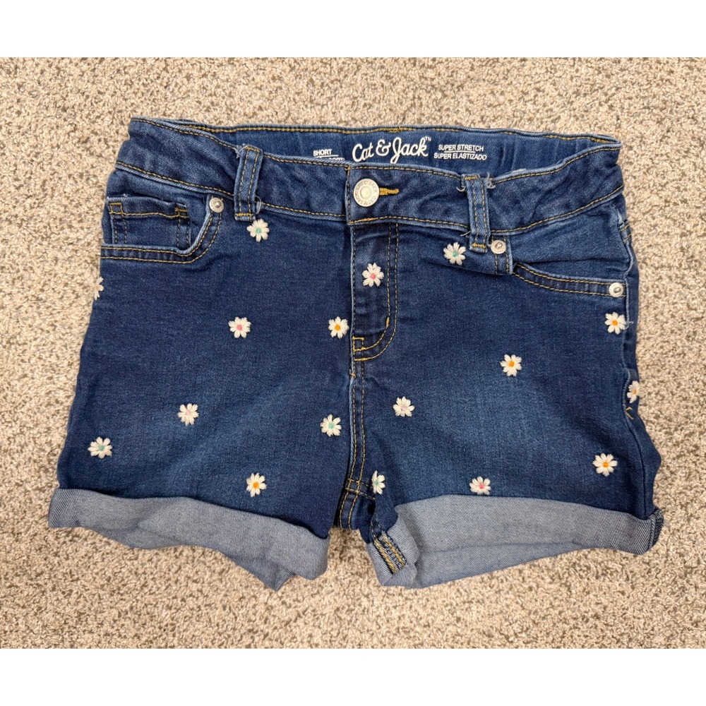 Cat & Jack Girls Denim Shorts Daisy Embroidered Size L‎ 10/12 Blue Cuffed